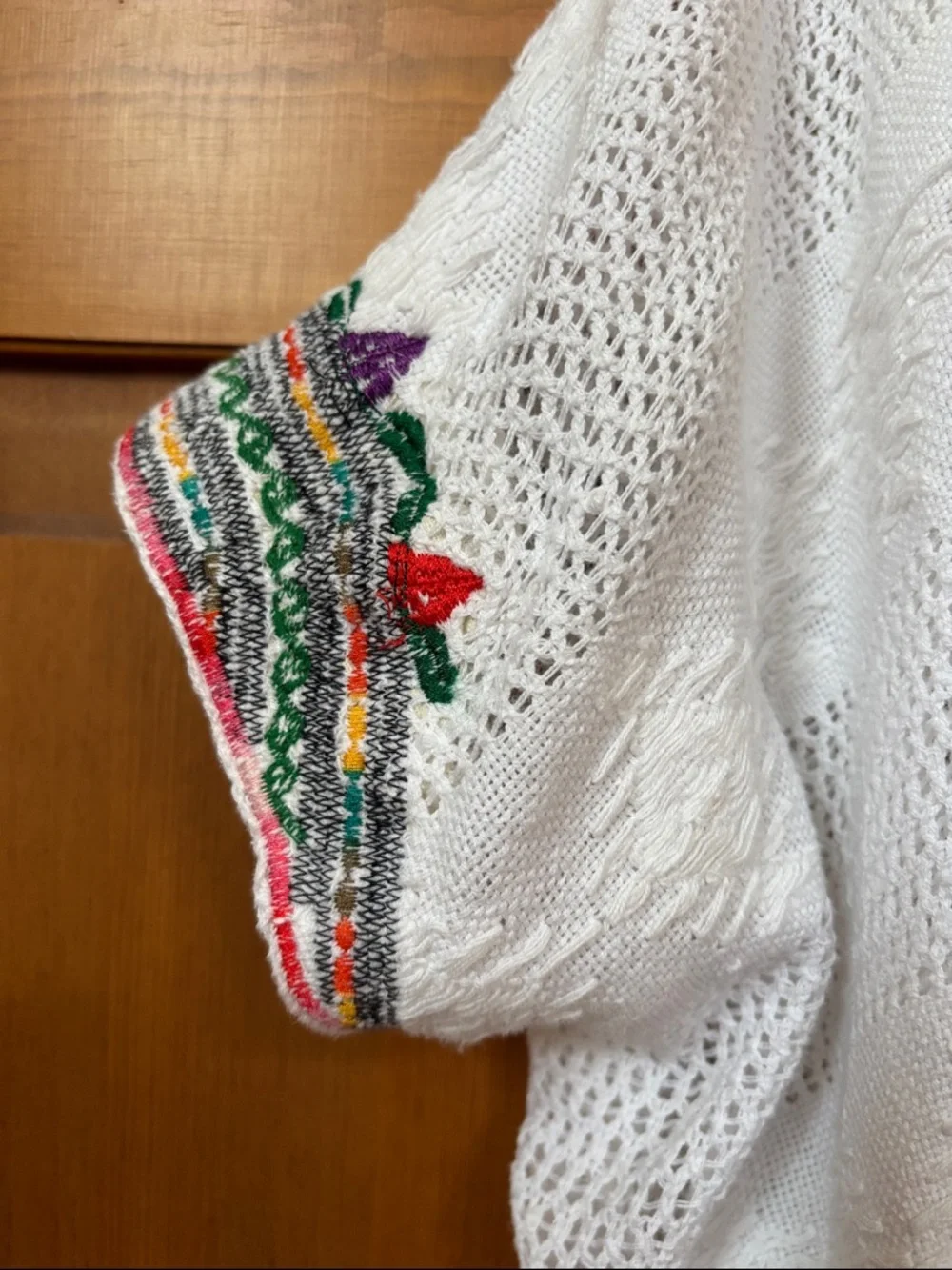 Authentic Vintage Guatemalan White  Boho Top with Embroidered Neckline - Picture 3 of 4